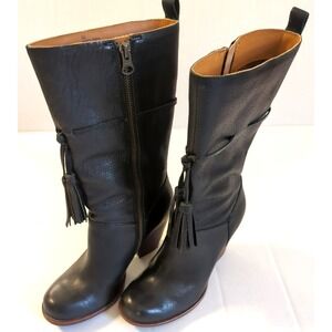 New KORK-EASE Black Leather Boots 6 Tassel Zip Mid Calf Western Flair  Boho Chic